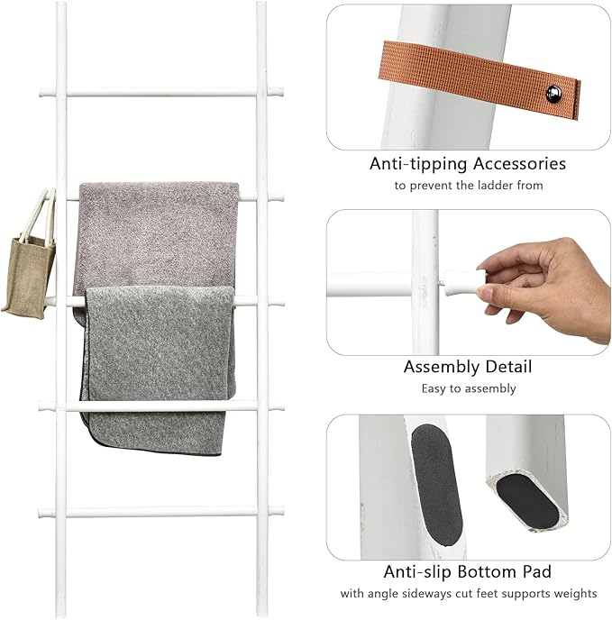 FUIN 57in Wood Blanket Ladder Living Room Decorative Wall Leaning Farmhouse Quilt Display Holder Rustic Wooden Towel Rack for Bathroom, White