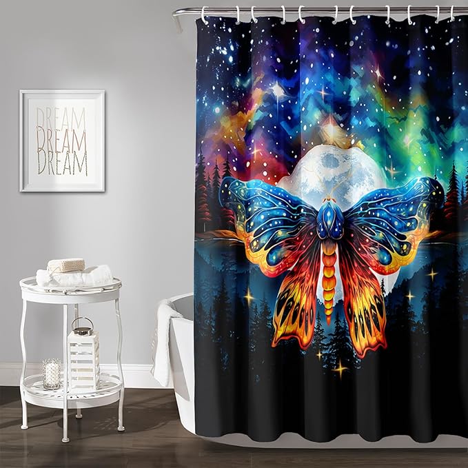 AILONEN Colorful Moth Shower Curtain,Galaxy Moon Moth Bath Curtain for Bathroom Decor,Polyester Waterproof with 12 Plastic Hooks 72" W*84" H