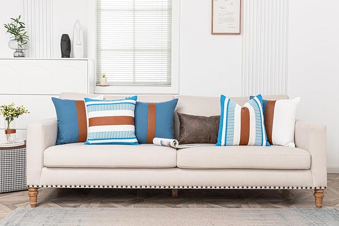 18x18 Throw Pillow Covers Set of 2 Farmhouse Rustic Pillow Case Decorative Boho Cushion Cover for Living Room Sofa Bed Couch Accent Faux Leather Pillow Case,Blue