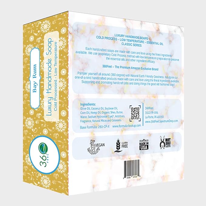 360Feel Bay Rum Soap - Handcrafted Castile Soap Bar with Spicy Scent - Handmade with Bay Rum Essential Oil for Men - A Gift for Anniversaries, Weddings, and Holiday Stockings - Rich Lather - 4 pack