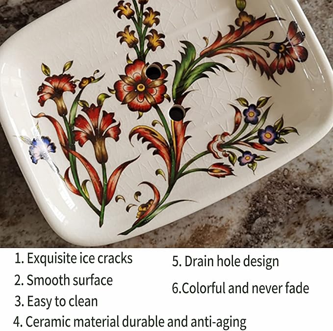 Ceramic Soap Dish - Creative Ice Crack Ceramic Red Flower Pattern Soap Dish Holder for Bathroom and Shower Soap Tray Box with Drain,Gift for Mum Family Christmas