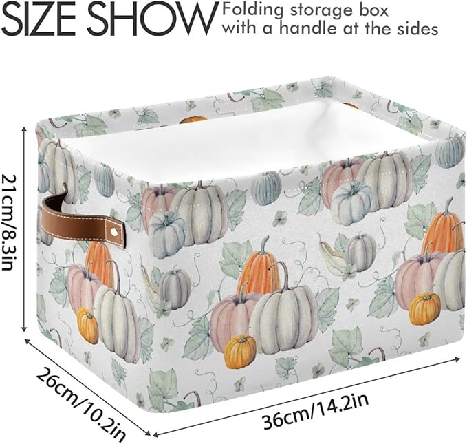 Fall Pumpkin Storage Basket Fabric Kitchen Baskets Autumn Maple Leaves Open Home Storage Bins Boxes Foldable Organizer Bag for Baby Cloth Pet Toy Book Shelf Closet Baskets 16×12×8 Inches