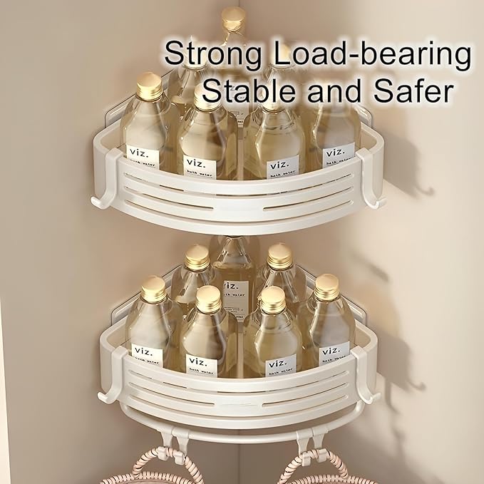 Corner Triangle Shower Shelves with Connecting Rods and 6 Hooks, Drilled or Non-Drilled Rust Resistant Storage Shelf for Bathroom, Kitchen, Wall Mounted Storage Shelf (1 Pack, White)