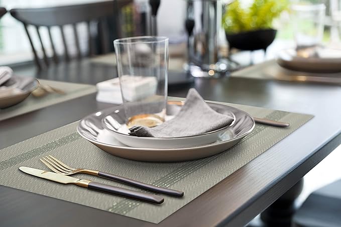 More Décor Dining Table Placemats, Washable Heat-Resistant PVC Vinyl Table Mats for Dining Room and Kitchen, Anti-Slip - Set of 4 - Khaki