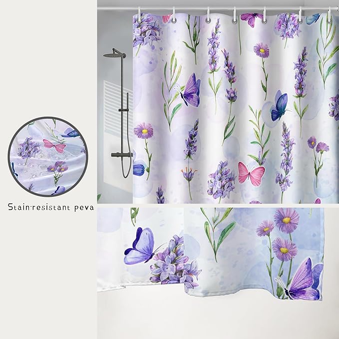 AILONEN Purple Flower Butterfly Shower Curtain 72" W*84" H,Spring Floral Girls Bathroom Decor,Modern Tie Dye Watercolor Butterfly Bath Curtain Polyester Waterproof Bathroom Curtain with Hooks