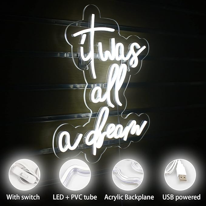 Lucunstar It Was All A Dream Neon Sign,Neon Sign For Room,Neon signs For Wall Decor, LED Signs Bedroom Club Office Hotel Pub Cafe Dream Neon Lights Wedding Birthday Party,Room Decor(White)