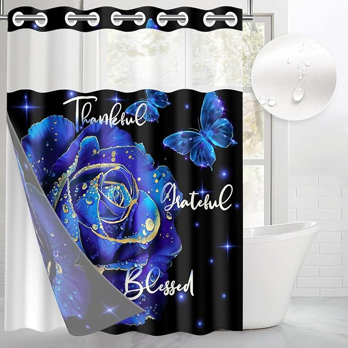 Blue Rose Floral No Hook Shower Curtain with Snap in Liner, Butterfly Flower Grateful Blessed Bath Curtain with Double Layers Waterproof Fabric and Mesh Top Window 71x74 Inch