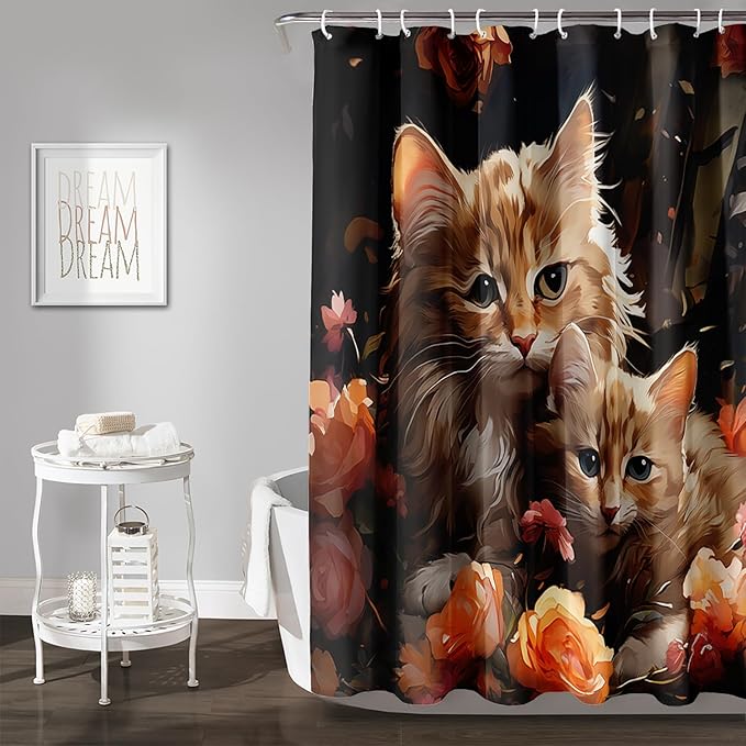 AILONEN 3D Kawaii Cat Shower Curtain,Lovely Kitten Mom and Son Polyester Cloth Bath Curtain Set for Girls Boys,Cute Animal with Flowers Waterproof Shower Curtains for Bathroom, 72" W*96" H