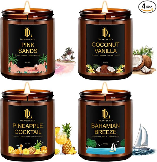 4 Pack Scented Candles Set, Natural Soy Candles for Home Scented, Gifts for Men Women Aromatherapy Candle Sets, Scents of Pink Sands/Coconut Vanilla/Bahamian Breeze/Pineapple Cocktail