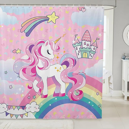 Feelyou Unicorn Shower Curtain Cute Unicorn Bath Curtain Cartoon Unicorn Bathroom Shower Curtain Set for Kids Toddler Boys Girls Girl Unicorn Kids Bathroom Accessories 72"x72"
