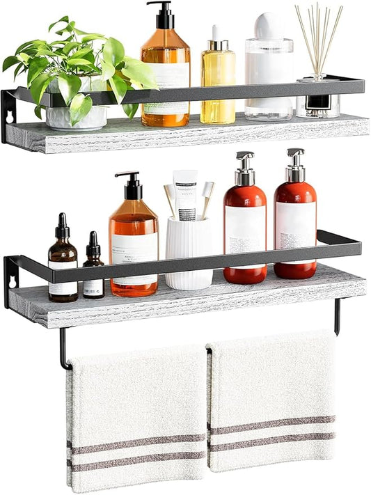 AMADA HOMEFURNISHING Wall Shelves, Floating Shelves for Bathroom, Kitchen, Bedroom, Bathroom Shelf with Towel Bar, Set of 2, White - AMFS01W