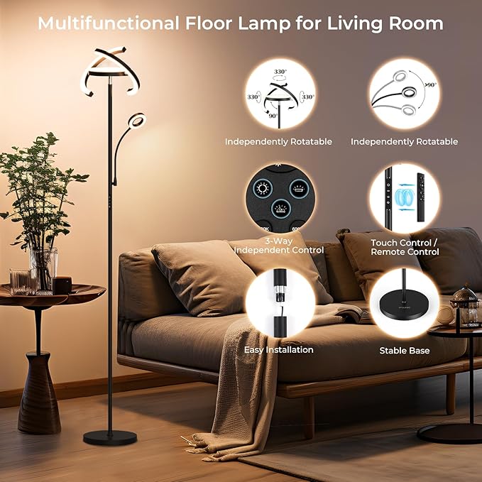FIMEI 3 in 1 Floor Lamp, Modern Bright Standing Lamp with Split Rotatable Outer Ring Light and Small Reading Light, 4 Color Temperature and Dimmable, 3-Way Independent Control for Living Room Office