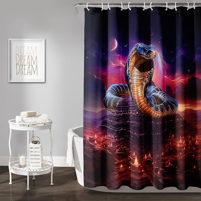 AILONEN 3D Snake Shower Curtain,Red Starry Retro Pyramid Snake Bath Curtain for Bathroom Decor,Terror Snake Printed Polyester Waterproof with Plastic Hooks 36" W*72" H