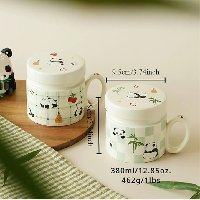 Ceramic Coffee Mug with Lid and Handle 380ml/12.85oz, Cute Cartoon Panda Design, Exquisite and Novelty Gift (Panda with Bamboo)