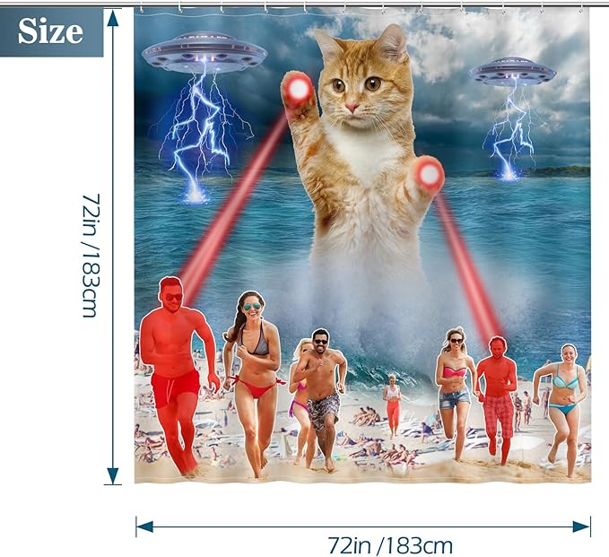 Funny Cat Shower Curtains for Bathroom - Cute Cool Ocean Cat with Weird Adults Beach UFO Fun Bath Shower Curtain Set with 12 Hooks for Adults Kids Bathroom Decor Accessories, 72"x72"
