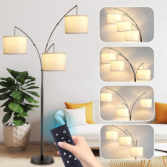 Arc Floor Lamp for Living Room with Remote Control, Dimmable Modern Mid Century 3 Lights Arched Tall Floor Lamp, Adjustable Standing Corner Lamp for Living Room Bedroom Office (Black+White Shade)