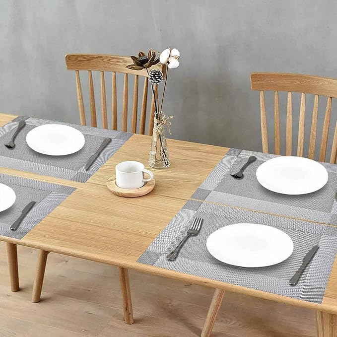 GIVERARE Placemats Set of 4, Heat-Resistant Woven Vinyl Placemat, Non-Slip Washable PVC Table Mat, Easy to Clean Premium Plastic Mats for Dining, Kitchen Table (Silver+Gray)