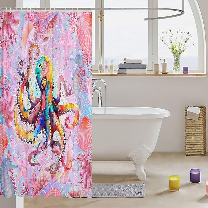 Feelyou Watercolor Octopus Fabric Shower Curtain Under Sea Animals Themed Shower Curtain for Kids Pink Shells and Corals Bathroom Waterproof Accessories with 12 Hooks Ombre Curtains,72X72 Inches