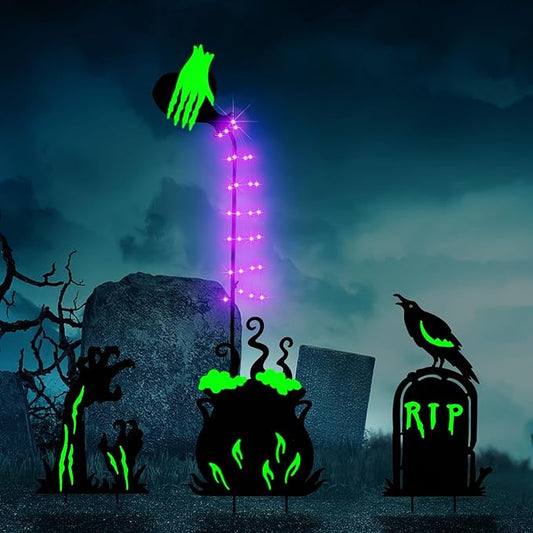 Halloween Yard Signs Outdoor Decorations，3 Pack Warerproof Solar Scary Fluorescent Metal Stake Lights Glow in The Dark for Lawn Garden Halloween Decor (Potions Ghost Hand Tombstone)