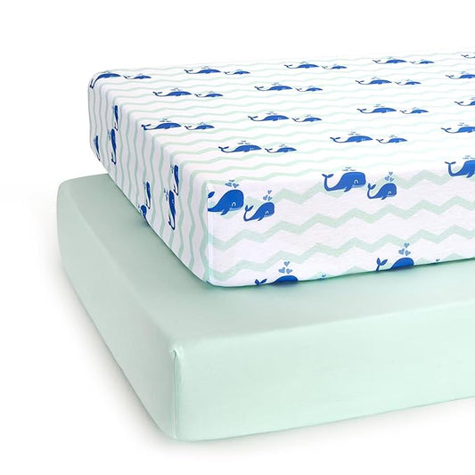 TILLYOU Baby Crib Sheets for Boys Girls, Fitted Crib Sheet 2 Pack for Standard Crib and Toddler Mattresses, Super Soft Toddler Bed Sheets, 28" x 52" x 8", Navy Whale & Light Green