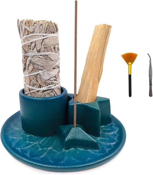 Sage and Palo Santo Holder,4 in 1 Incense Burner Holder for Sticks,Ceramic Sage Holder for Burning,Candle Holder,Ash Catcher Tray for Meditation Yoga,Blue
