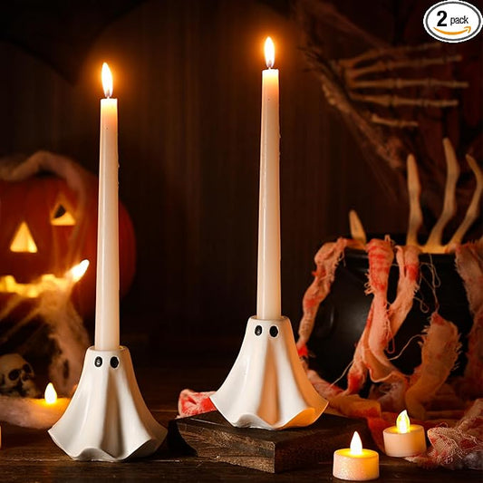2 Pcs Halloween Ghost Candlestick Holders Cute Ghost Shape Candle Stick Holders Ceramic Taper Candle Holder for Halloween Wedding Party Holiday Office Home Decor Gift
