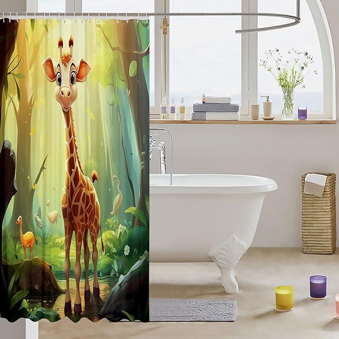 Feelyou Cute Giraffe Fabric Shower Curtain Cartoon Animal Shower Curtain for Teens Wildlife Bathroom Waterproof Accessories with 12 Hooks Wild Animal Curtains,72x72 Inches
