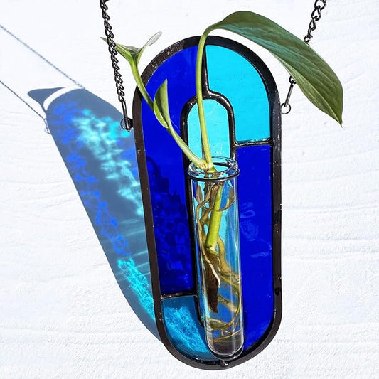 LITMIND Transparent Blue Stained Glass Propagation Station - Handcrafted Suncatcher Hanging Planter with 2 Glass Tubes, Multi-Color Hydroponic Wall Décor for Windows, Home & Garden