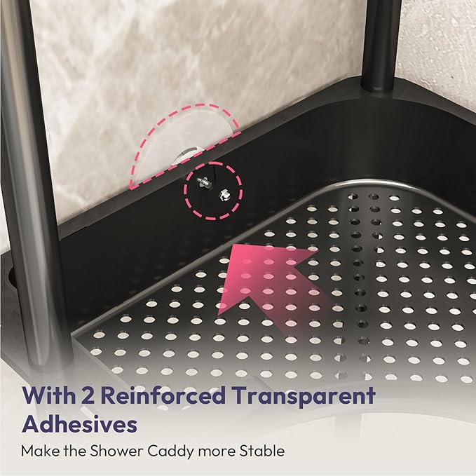 SWTYMIKI Corner Shower Caddy Standing - 4 Tier Floor Standing Shower Organizer with 4 Hooks, Plastic & Stainless Steel Waterproof Corner Stand Shower Shelf Storage Rack for Bathroom, Bathtub, Black
