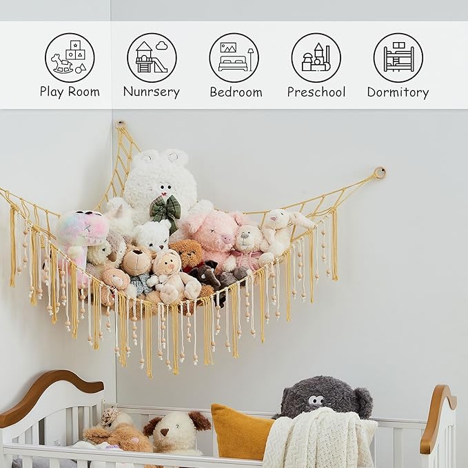 Pretty Jolly Stuffed Animal Storage Hammock with Wooden Beads Corner Hanging Net Boho Tassel for Toy Plush Holder for Kid Room Nursery Decor Wall Display Organizer for Girls Boy Gift(Yellow)