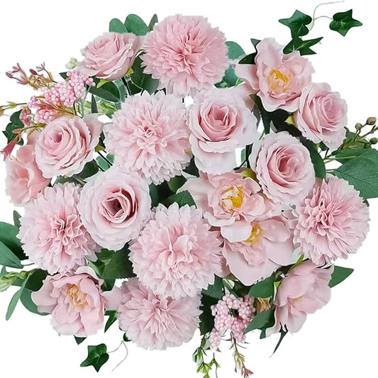 Premium Pink Silk Flower Bouquets, Artificial Chrysanthemums, Fake Flowers Roses Peonies Decoration, Pink Faux Floral Arrangements for Wedding Home Decor Table Centerpieces