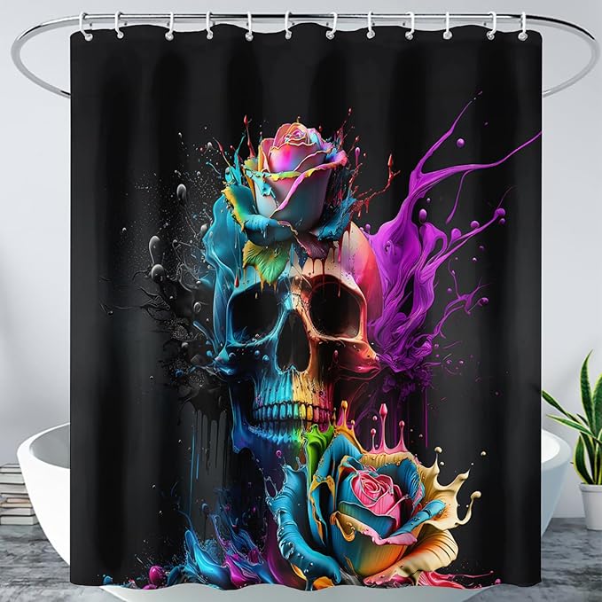 AILONEN 3D Sugar Skull Shower Curtain,Colorful Rose with Skeleton Design Shower Curtain Set with Hooks for Boys Girls Teens,Colour Inkjet Theme72 W*96" H