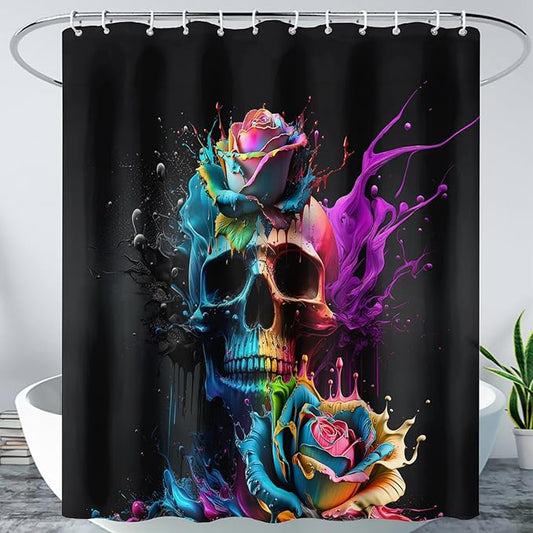 AILONEN 3D Sugar Skull Shower Curtain,Colorful Rose with Skeleton Design Shower Curtain Set with Hooks for Boys Girls Teens,Colour Inkjet Theme72 W*96" H