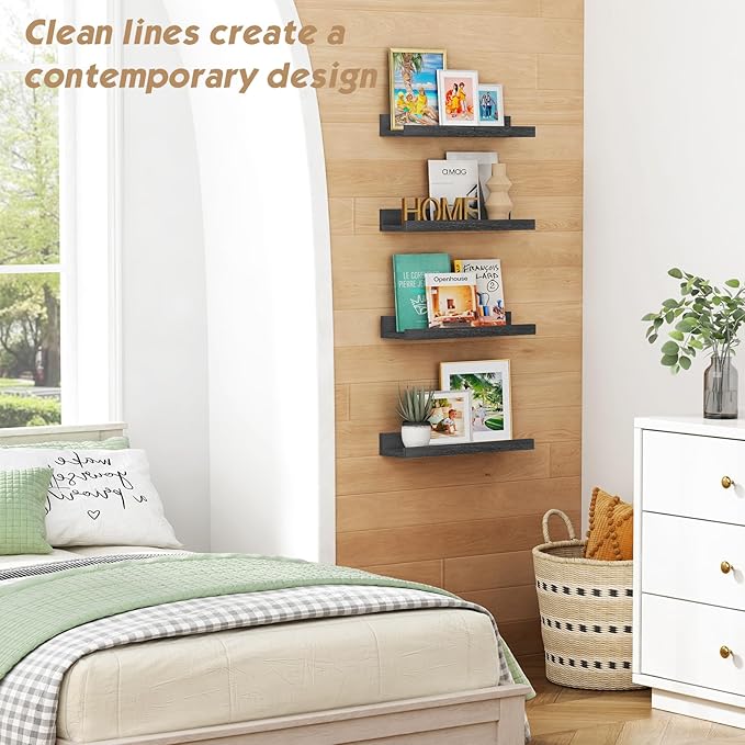 Forbena Corner Floating Shelves for Wall with Lip Set of 4, Black Small Wood Picture Ledge Shelf for Living Room Bedroom Bathroom Nursery Books, Repisas Flotantes de Pared para Cuarto Sala Baño Negro