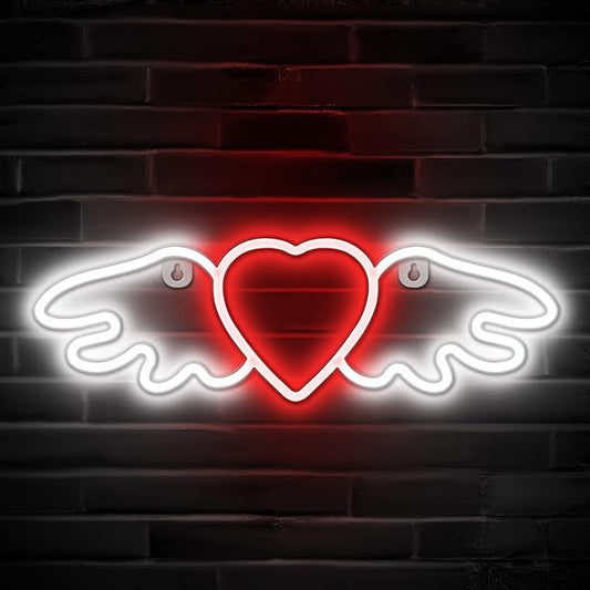 Lumoonosity Heart Angel Wings Neon Sign - Neon Angel Wings & Heart LED Sign for Teens/Kids/Girls Room Wall Decor - USB Powered with On/Off Switch - 14 x 4.5-inch