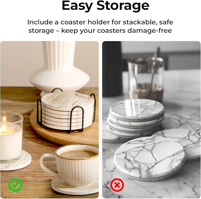 LlFVER Coasters Set of 8, Absorbent Drink Coasters with Holder, Marble Style Ceramic Stone Coasters for Drinks Coffee Tabletop Protection, Modern Furniture Coasters for Home Decor House Warming Gifts