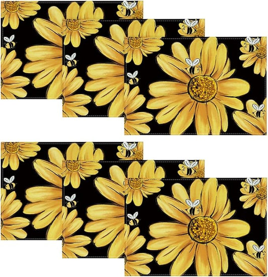 Artoid Mode Sunflower Bee Summer Placemats Set of 6, 12x18 Inch Seasonal Spring Table Mats for Party Kitchen Dining Decoration