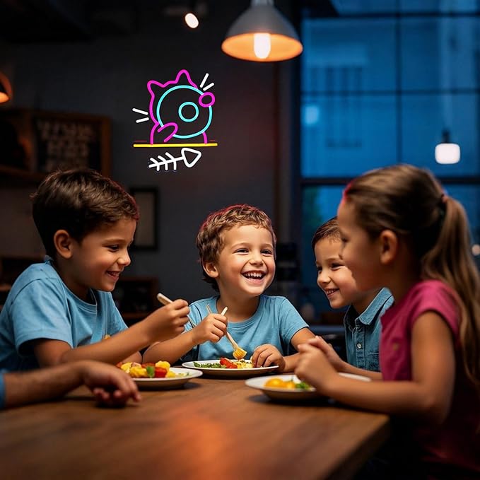 Hungry Cat Neon Sign Light, Pink and Ice Blue Neon Sign for Bedroom or Gaming Room, Good Choice for Boys Room Decor, Include 5V Charger