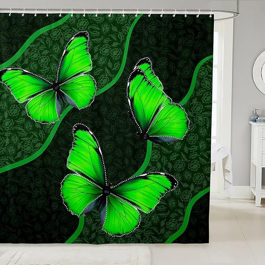 Feelyou Butterfly Shower Curtain 72"x78" Kids Butterflies Botanical Floral Print Bathroom Shower Curtain Set for Boys Girls Teens Geometric Stripes Bath Curtain Green Bathroom Accessories