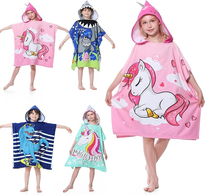 MOKANI Kids Hooded Poncho Towels, Soft & Absorbent Microfiber Beach Towel, Swimming Pool Changing Robe Bathrobe Bath Towel
