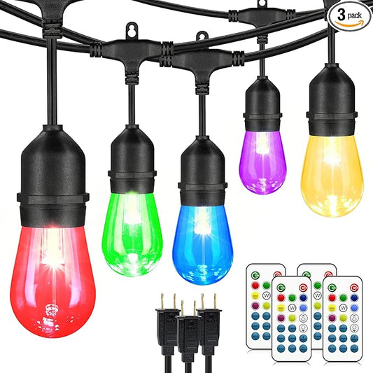 Mlambert 144Ft(3x48ft) Multicolor Outdoor Patio Lights, Dimmable RGB Cafe String Lights with 45+6 Waterproof LED Bulbs for Garden Bistro-Black 3 Pack