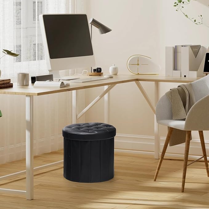 Bsketa® Folding Storage Ottoman Round 14" x 14" x 13"Inch, Foot Stool with Thicker Foam Padded Seat Small Leather Storage Ottoman Bench Foot Rest for Living Room Foldable Pouf Coffee Table,Black