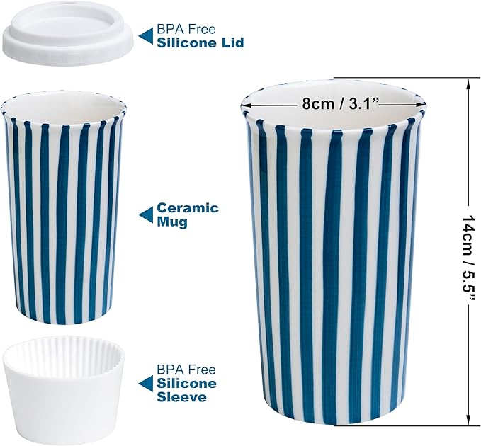 Millie 12oz Ceramic Travel Coffee Mug - Stylish Tumbler with Lid, Microwave & Dishwasher Safe Ceramic Travel Mug with Lid- Unique Gift Idea for Women & Men Who Love Coffee on the Go