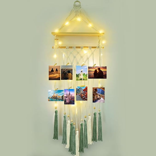 Macrame Wall Hanging Bohemian Photo Display Holder with Wooden Shelf Tassels Decorative LED Light Strings Hooks 20 Clips Boho Art Picture Card Hangers Handmade Tapestry Romantic Gift - Green