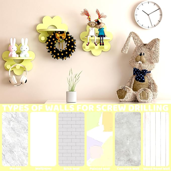 Floating Shelf for Wall, Hanging Display Wall Shelf with Hooks Wooden Daisy Flower Shelf for Bathroom Living Room Bedroom Wall Decor, (Light Yellow)