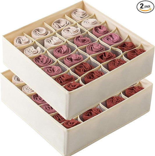 Qozary 2 Pack Socks Underwear Drawer Organizer Divider, 24 Cell or 16 Cell Collapsible Cabinet Closet Organizer Storage Boxes for Clothes, Socks, Lingerie, Underwear, Ties