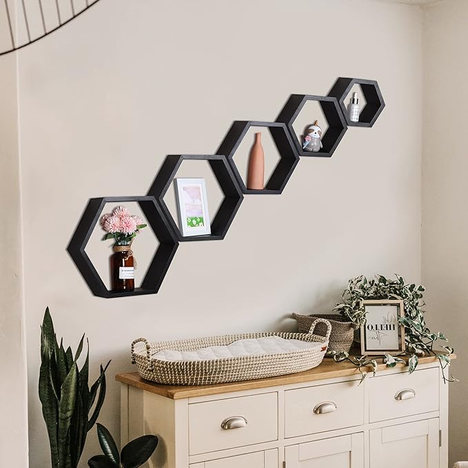 PHOENANCEE Hexagon Floating Shelves,Wall Mounted Wood Farmhouse Storage Honeycomb Wall Shelf Set of 5,for Bathroom, Kitchen, Bedroom, Living Room,Office,Home Room Wall Decor Driftwood Finish