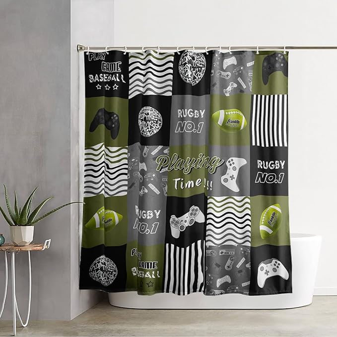 AILONEN Gamer Shower Curtain,Olive Green Ball Sports Waterproof Fabric Shower Curtain for Boys Kids Teens, 72" W*84" H Gaming Gamer Theme Shower Curtain Sets