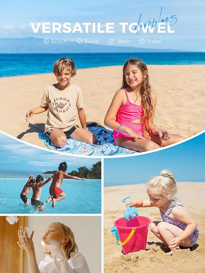 Kids Beach Towel 60''x30'', Quick Dry, Sand Free, Compact, Lightweight, Absorbent, Girls & Boys Large Microfiber Towels for Pool, Swim, Cruise Essentials, Mermaid