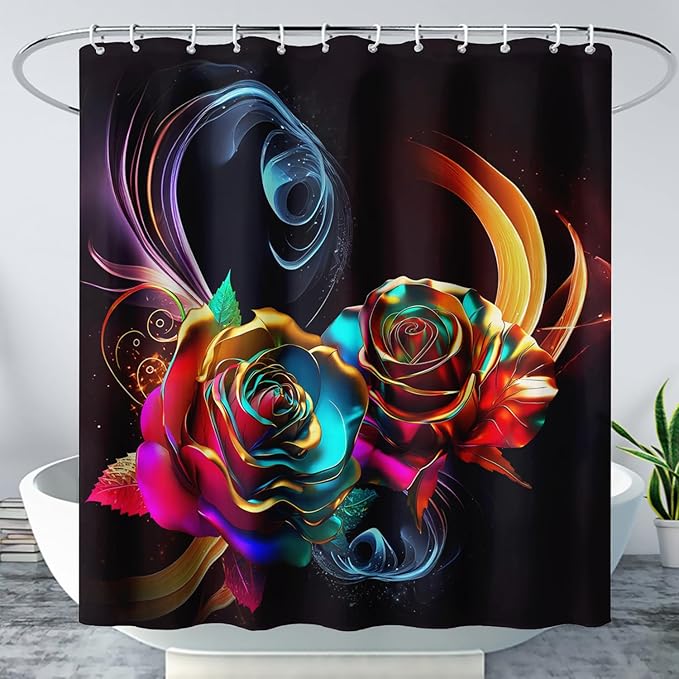 AILONEN Gold Rose Flower Shower Curtain for Kids Girls Teens,Butterfly Rose Flower Bath Curtain for Bathroom Decor,Romantic Polyester Waterproof with 12 Plastic Hooks 72" W*78" H